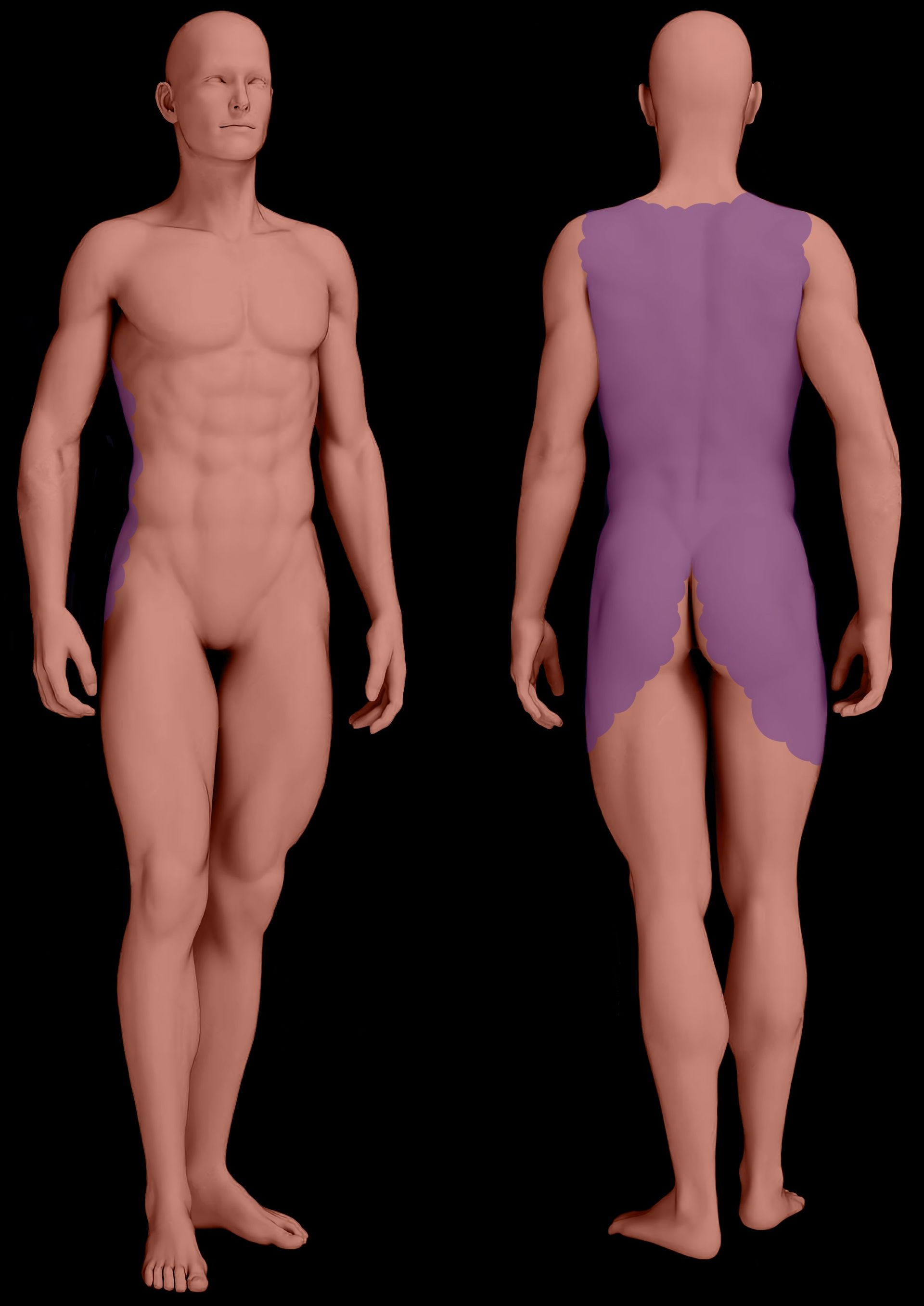 Front and back view of a human body, showing Se-wari, Full Back irezumi tattoo at Bardadim Tattoo