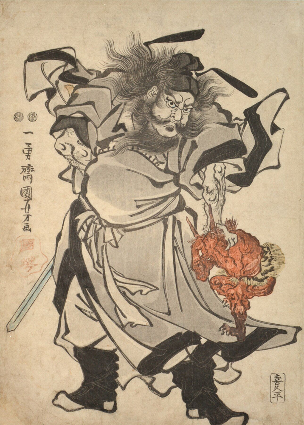 Japanese woodblock print of a fierce warrior holding a small, red figure. He wears dark garb and has a stern expression.