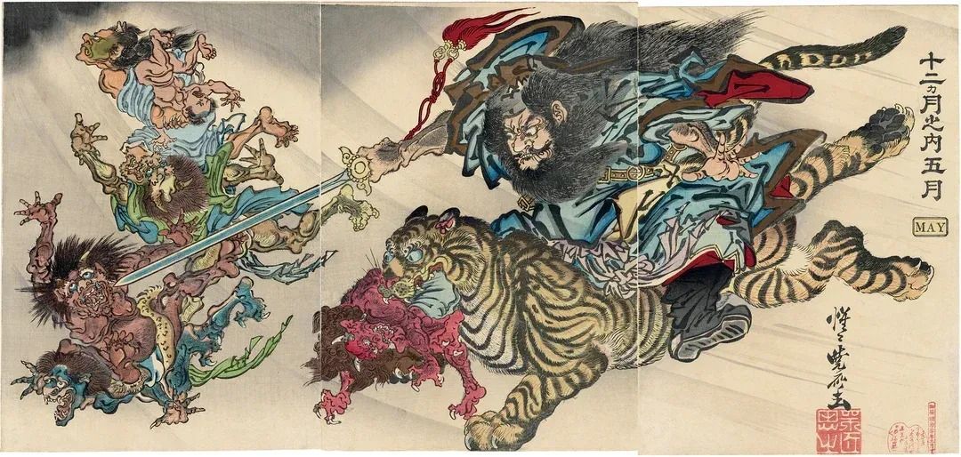 A painting of a man fighting a tiger.