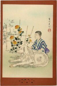 A boy is sitting on a dog in a painting.