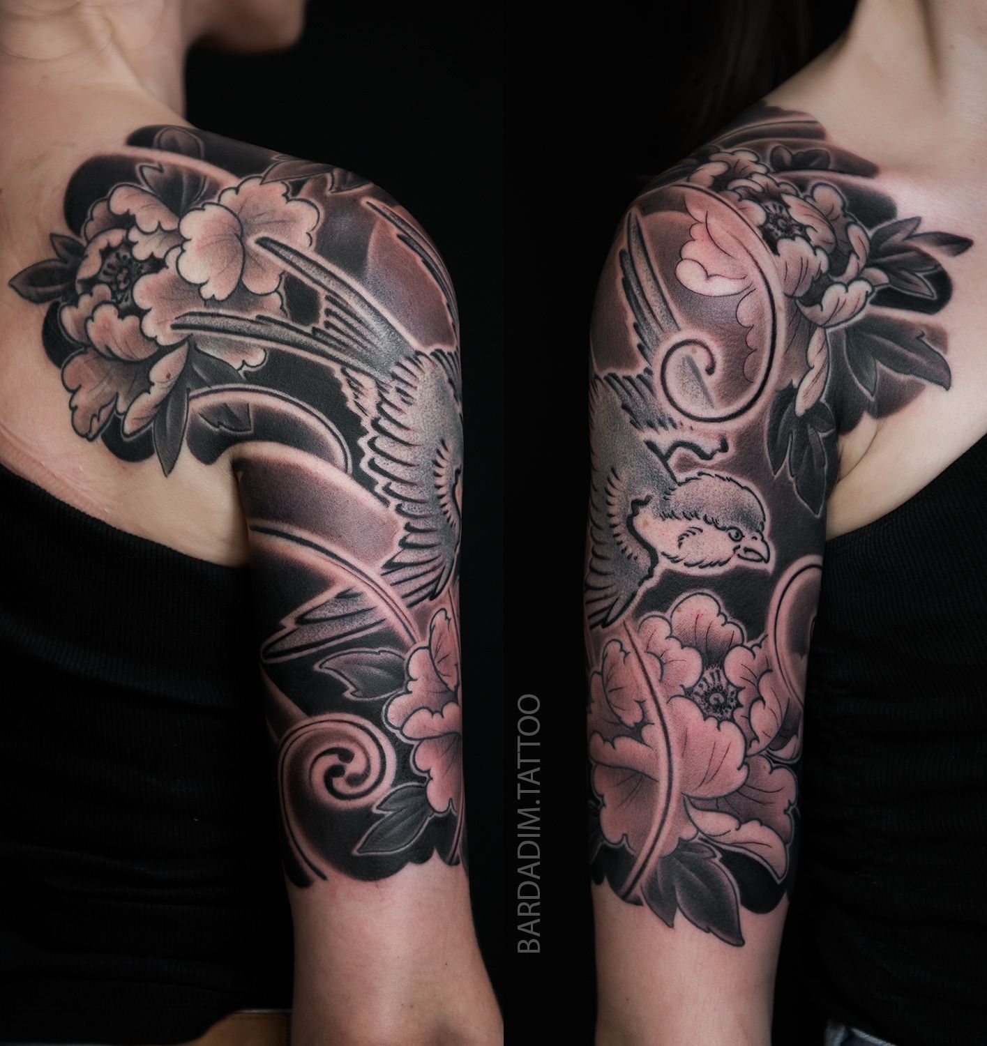 Tattoo of a bird with flowers on both arms, in grayscale.