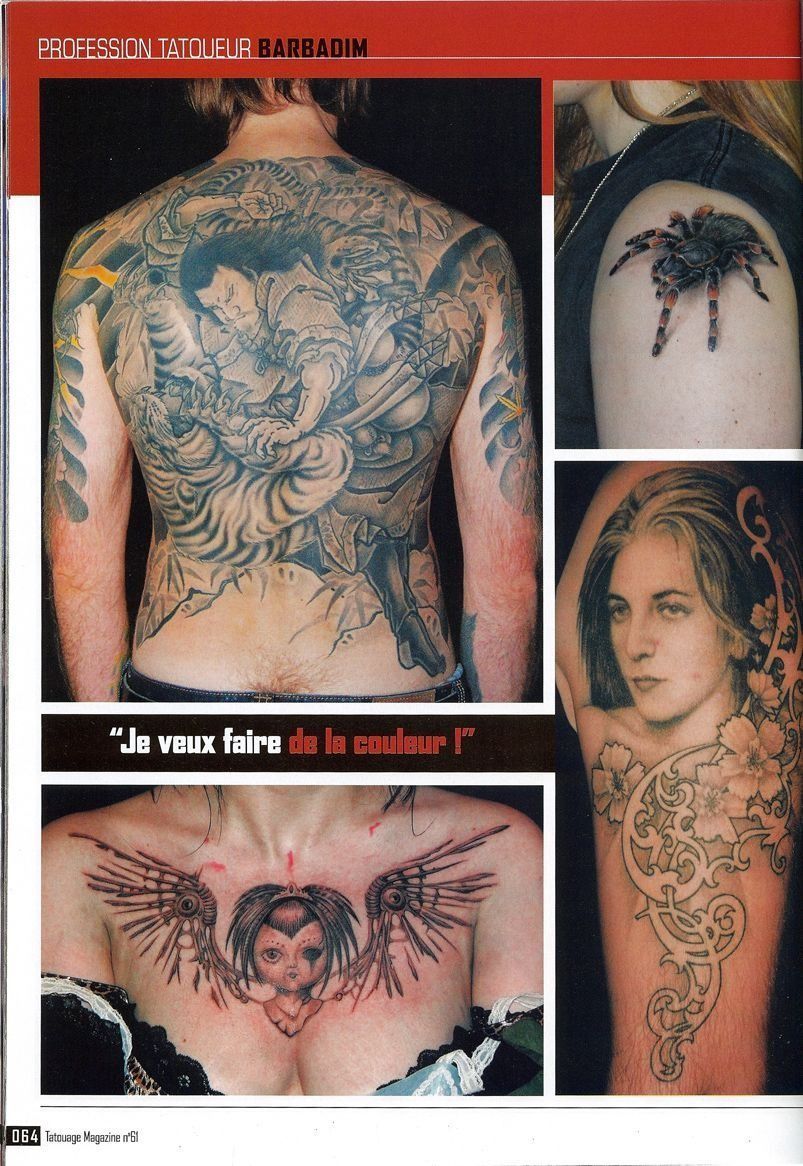 A man has a tattoo on his back and a woman has a tattoo on her chest