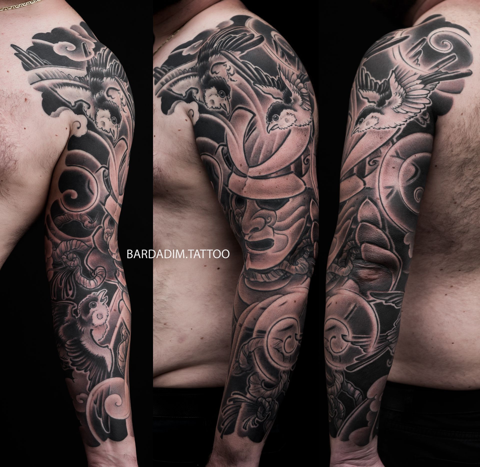 Japanese-style black tattoo sleeve on an arm, featuring clouds, waves, and a bird.