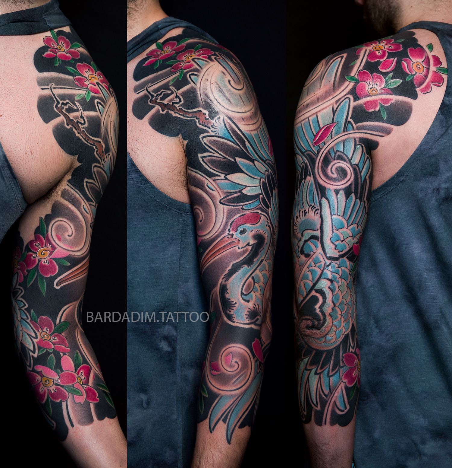 Full sleeve tattoo with crane and floral design, featuring blue, red, and black ink.