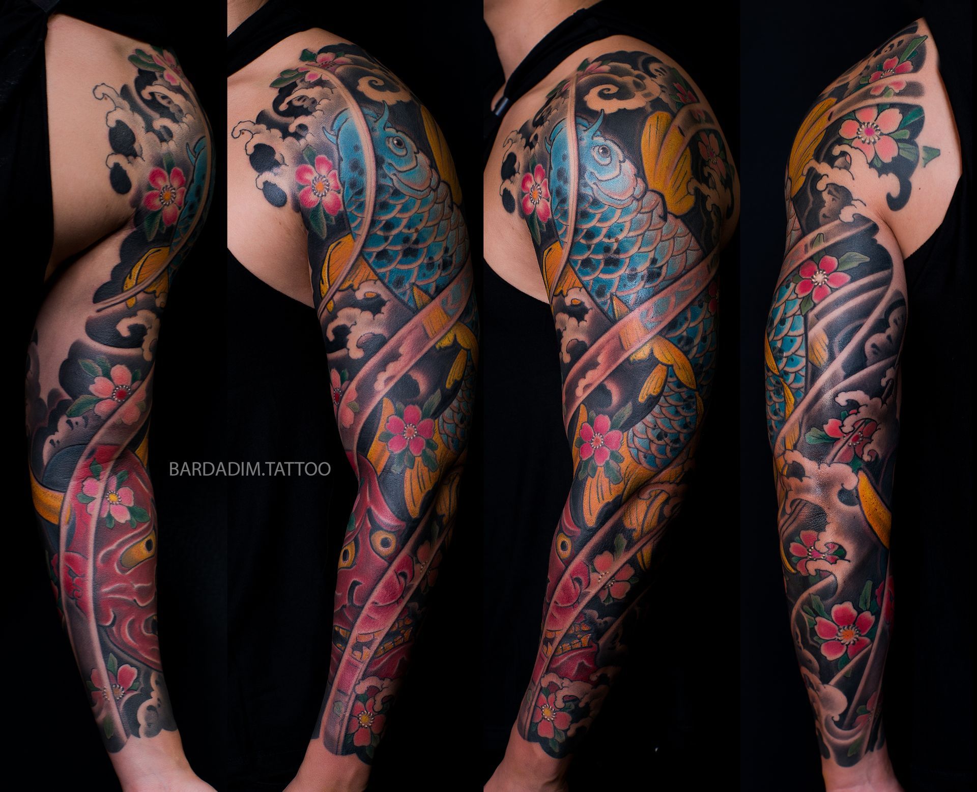 Full arm tattoo with koi fish, flowers, and waves in blue, yellow, red, and black.