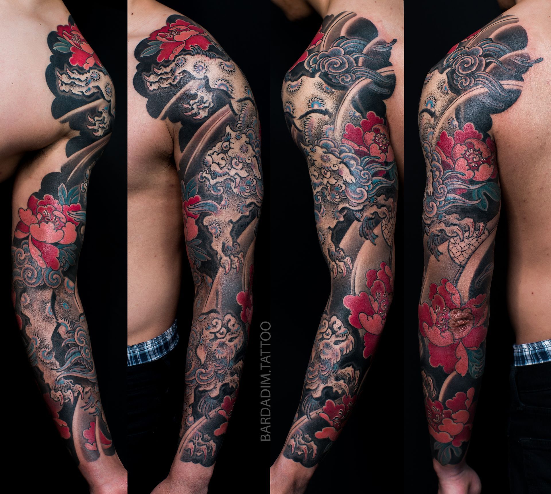 Tattoo sleeve of red and black flowers, with grey clouds, covering a person's arm and chest.