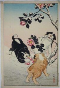 Two dogs are playing with flowers in a painting