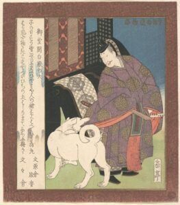 A painting of a man and a dog with chinese writing