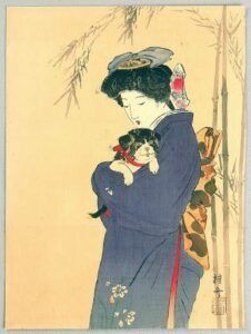 A painting of a woman holding a baby in her arms.