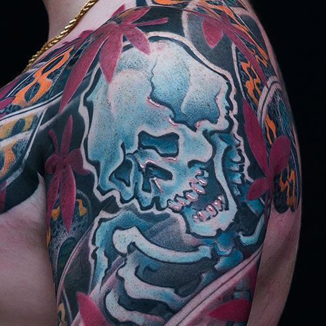 Japanese skull tattoo in gaku-bori irezumi style with dynamic flow