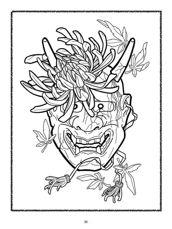 Japanese chrysanthemum and mask tattoo flash design in traditional composition