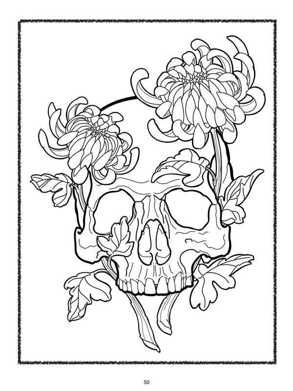 Traditional chrysanthemum tattoo flash with skull motif in Japanese style