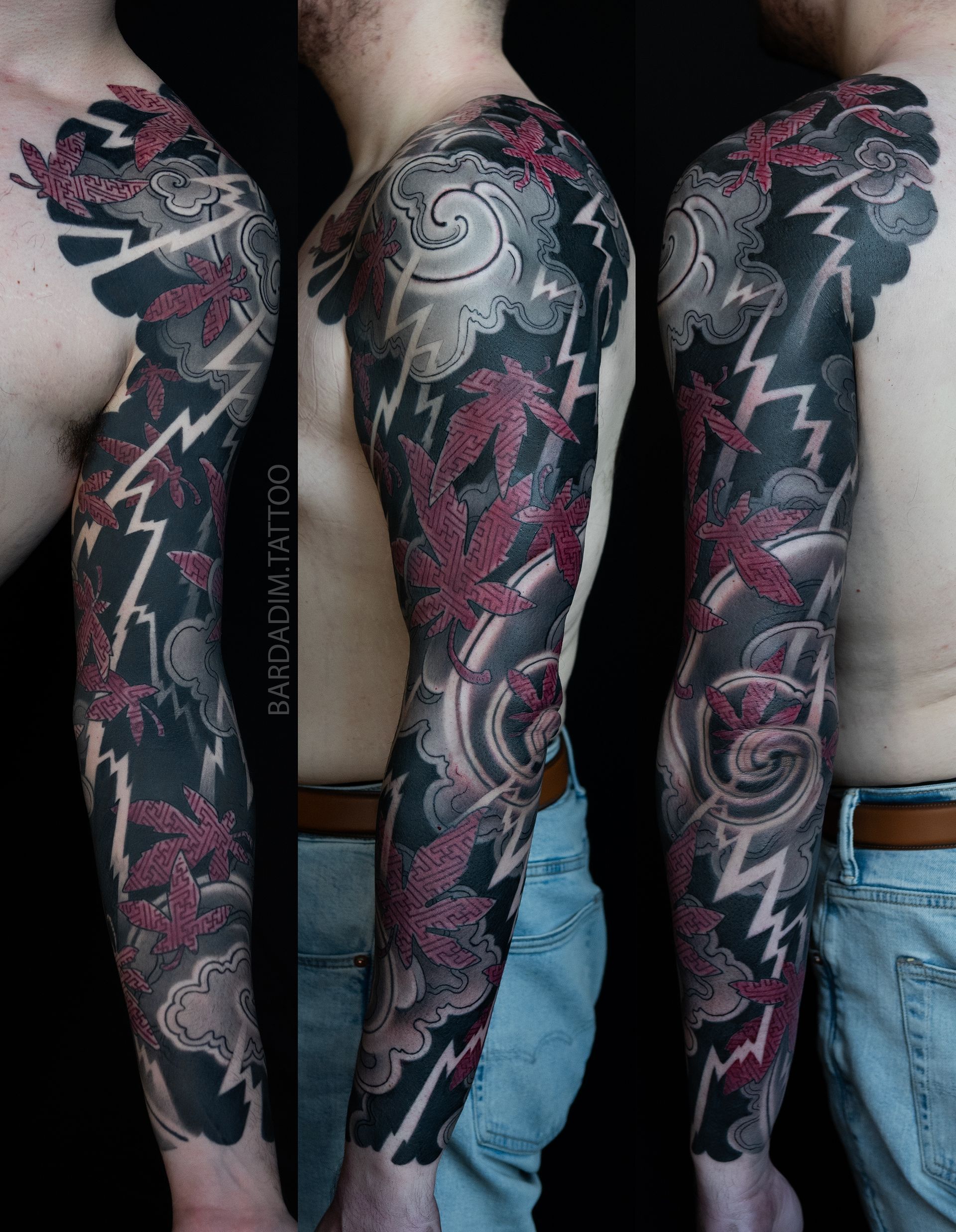 Three angles of a black-and-red maple leaf and lightning full sleeve in traditional Japanese style.