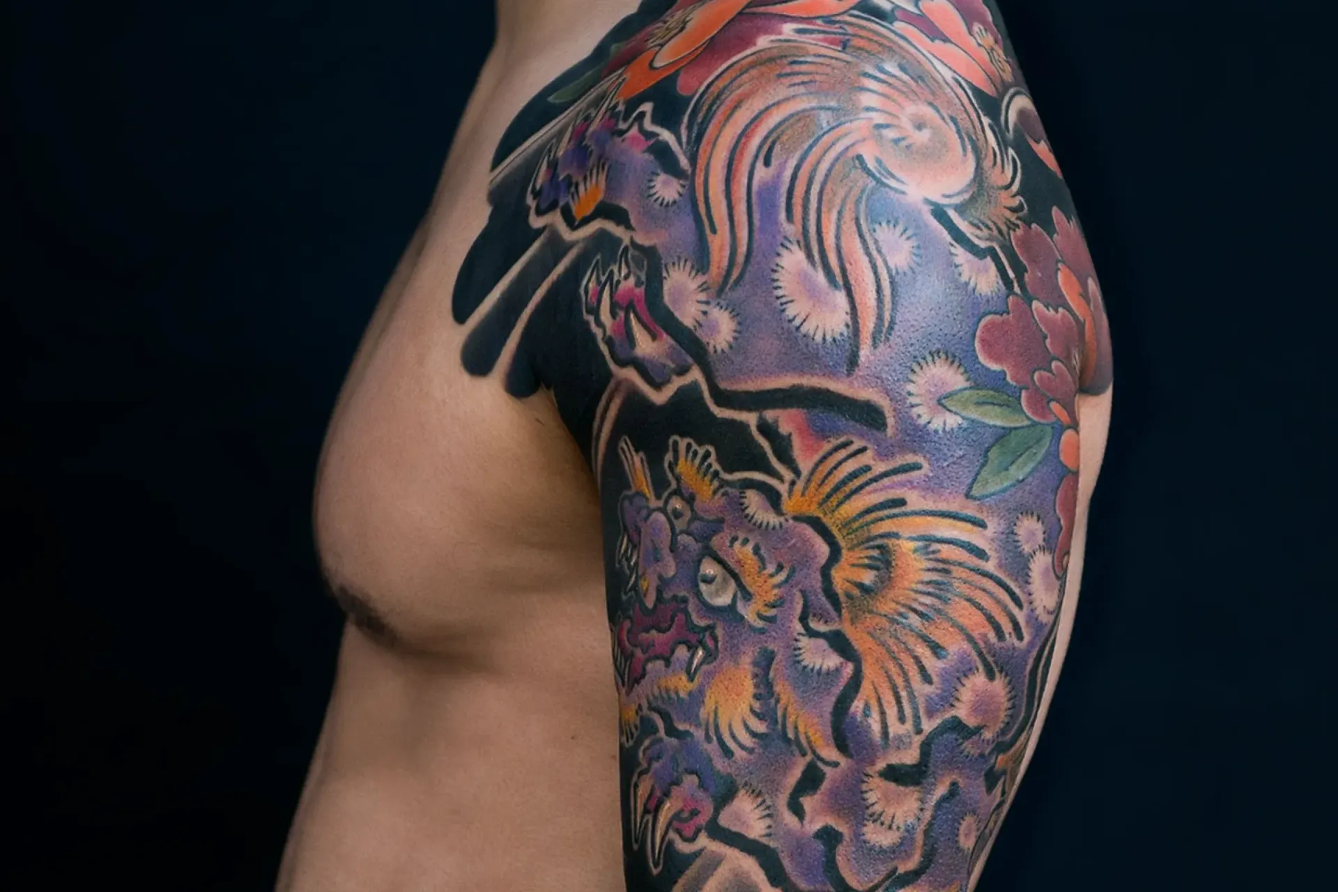 Shishi Guardians and Peonies | Full Japanese Sleeve by Bardadim Tattoo