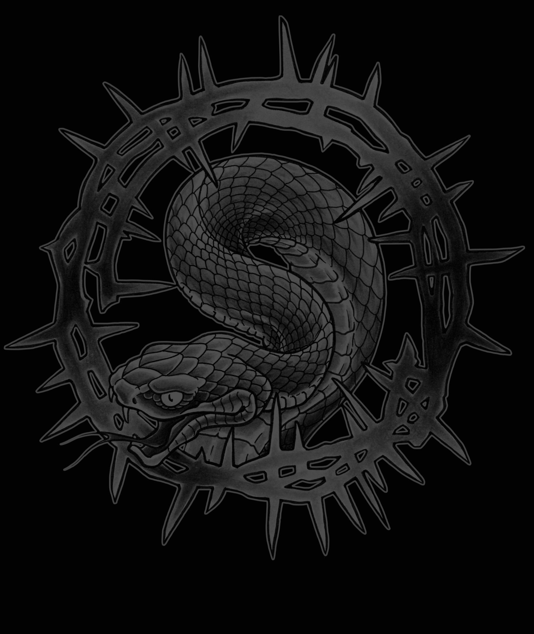 Dark gray coiled snake within Bardadim tattoo studio logo