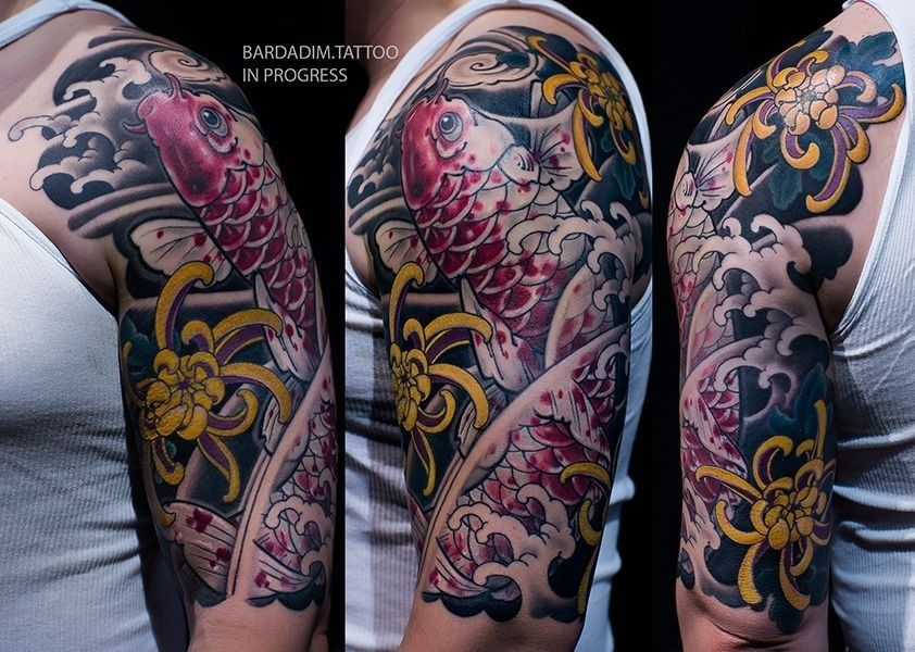 Japanese-style koi fish tattoo on an arm, with water waves and yellow flowers.