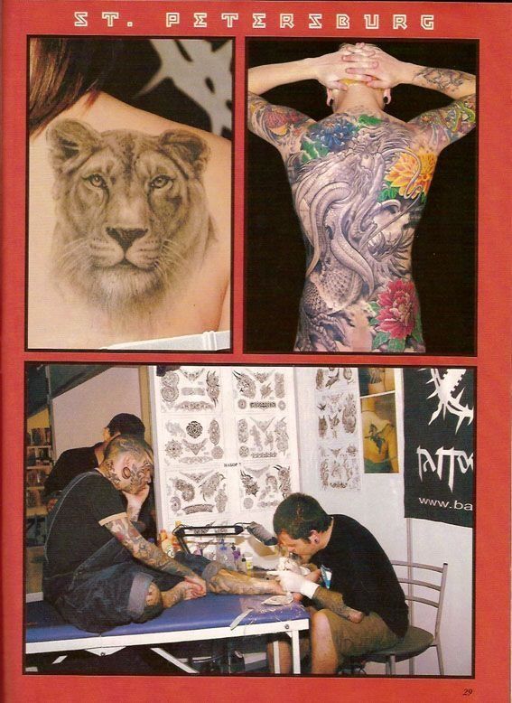 A man is getting a tattoo of a lion on his back