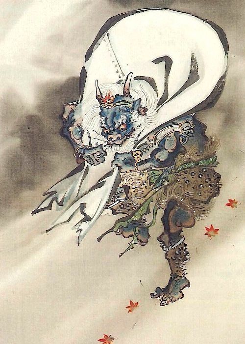 A painting of a monster with horns and a white body