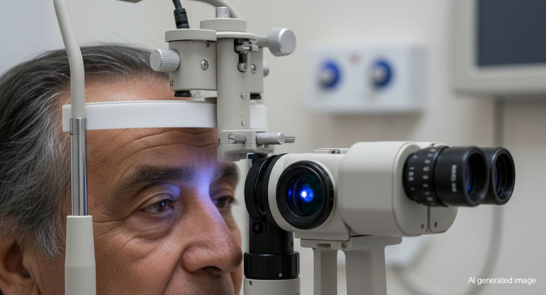 A person sits with their chin in a rest while a slit lamp illuminates and examines their eye during an eye exam.