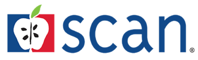 Logo for Scan, showing a split apple in a square. The left half is blue, right half is red. The word “scan” is to the right.