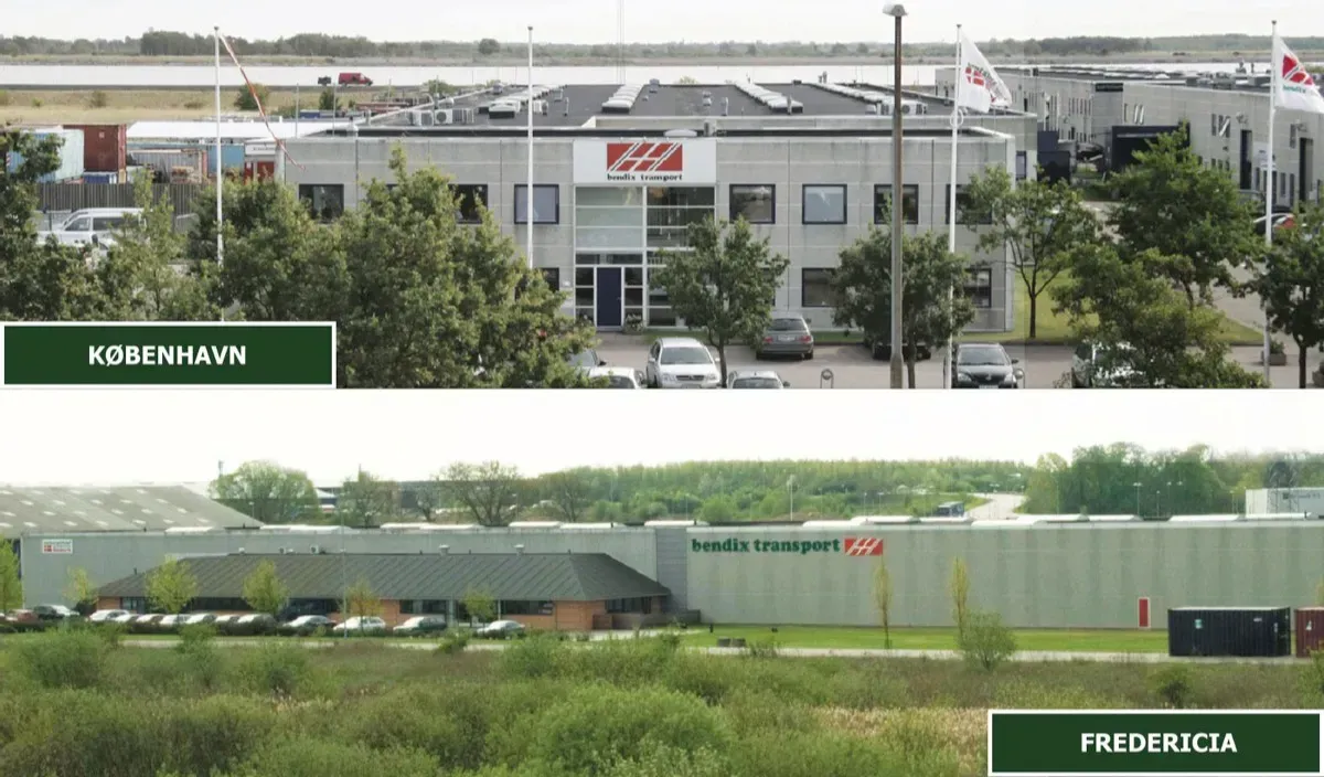 Industrial building comparison: Copenhagen top, Fredericia bottom, both surrounded by greenery.