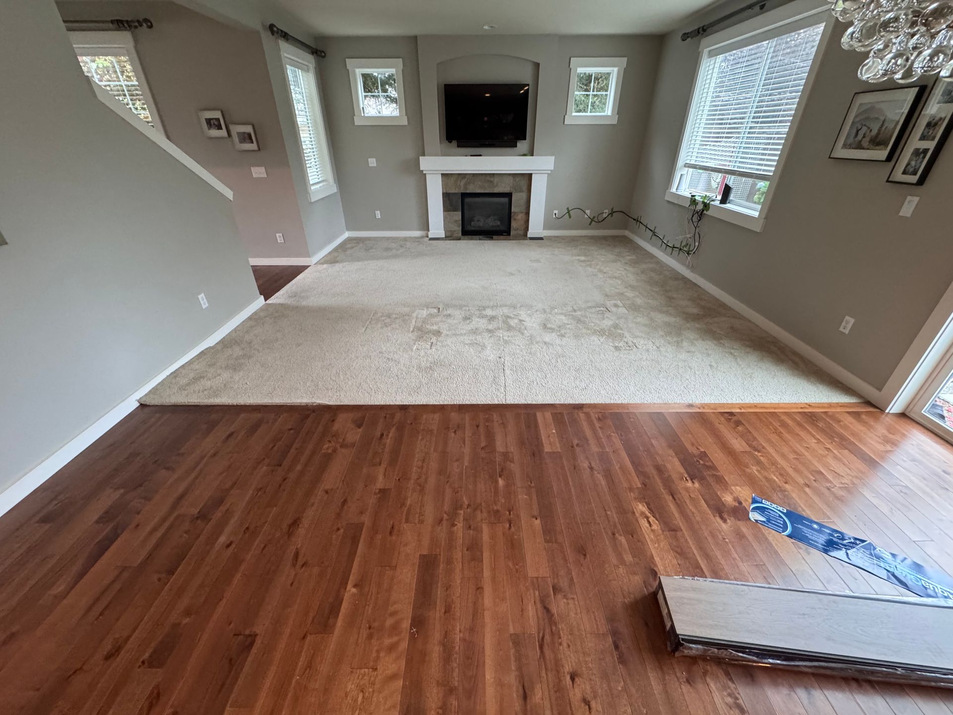 Living room with hardwood floors transitioning to carpet. Fireplace with TV, windows.