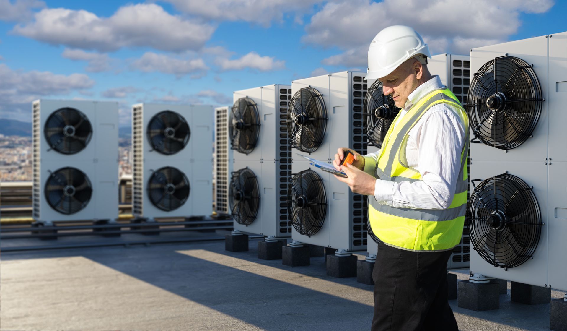Commercial AC technician performing filter service on rooftop unit in Jacksonville, FL.