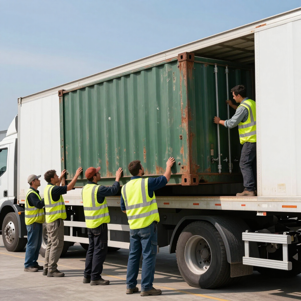 Trabajadores con chalecos amarillos descargando un contenedor de transporte verde