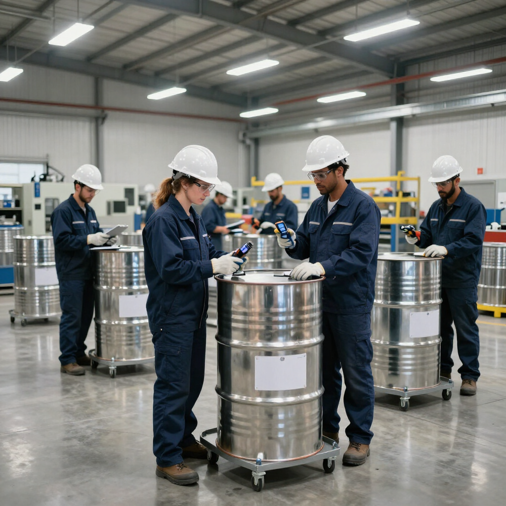Trabajadores con cascos inspeccionando contenedores de acero inoxidable en un almacén de una fábrica.