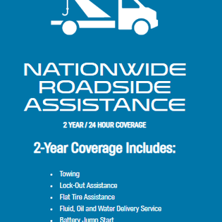Blue graphic: Nationwide roadside assistance information. Includes towing, lock-out, and flat tire services.