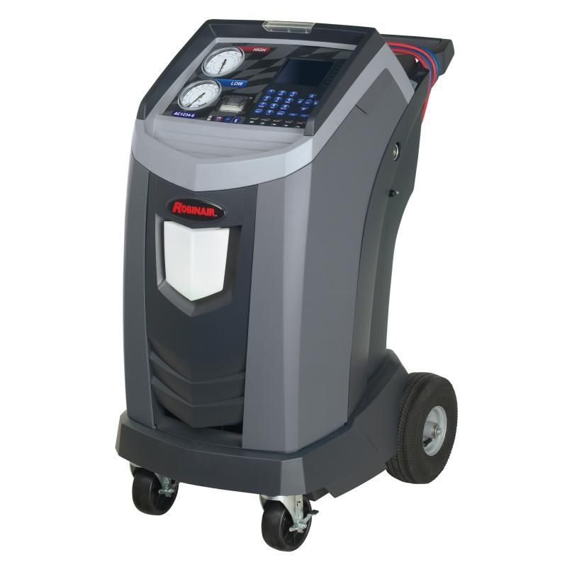 Gray and black automotive A/C service machine with wheels, gauges, and a control panel.