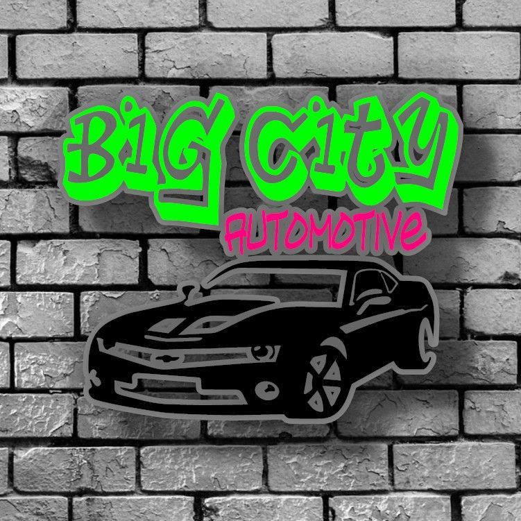 Logo for Big City Automotive: Graffiti-style text over a car silhouette against a brick wall. Green and pink colors.