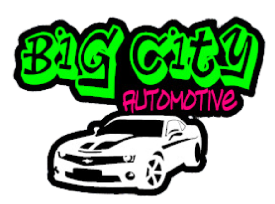 Logo for Big City Automotive, features a green, graffiti-style title above a white car outline.