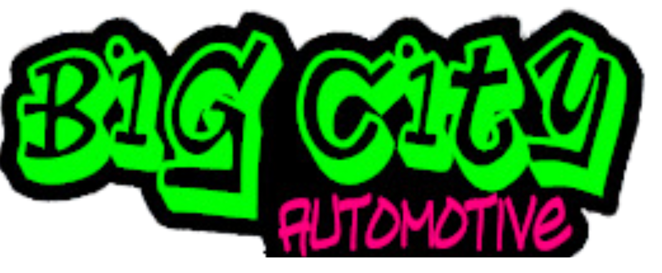 Logo for Big City Automotive, neon green graffiti-style text on a black background, with pink text for