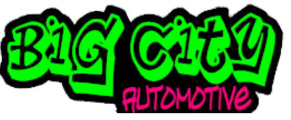 Logo for Big City Automotive, neon green graffiti-style text on a black background, with pink text for 