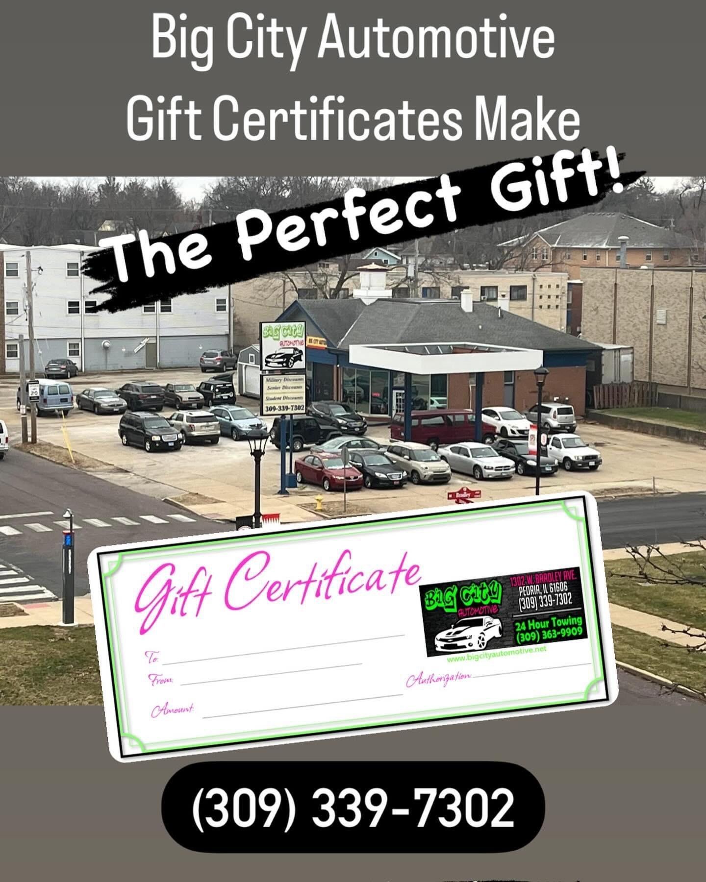 Advertisement for Big City Automotive gift certificates. Phone number (309) 339-7302. Shows a car repair shop.