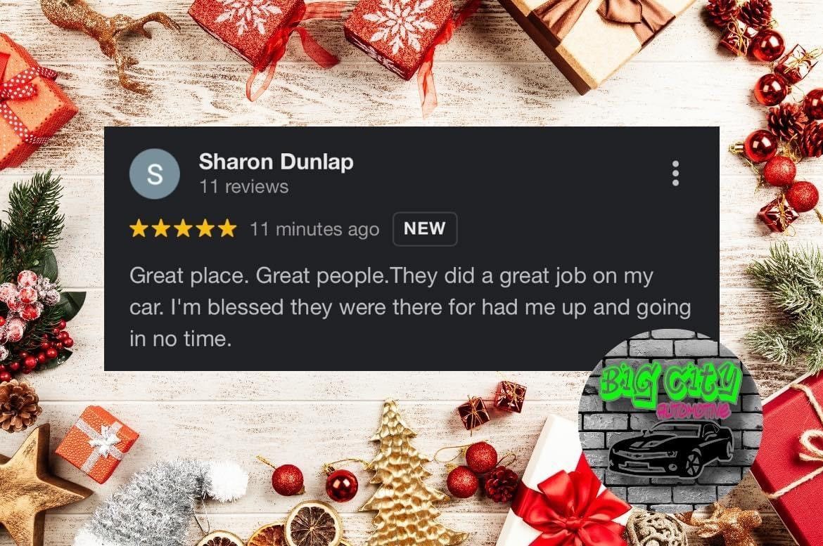 Review with 5 stars by Sharon Dunlop praising a car repair shop. Festive decorations surround it.