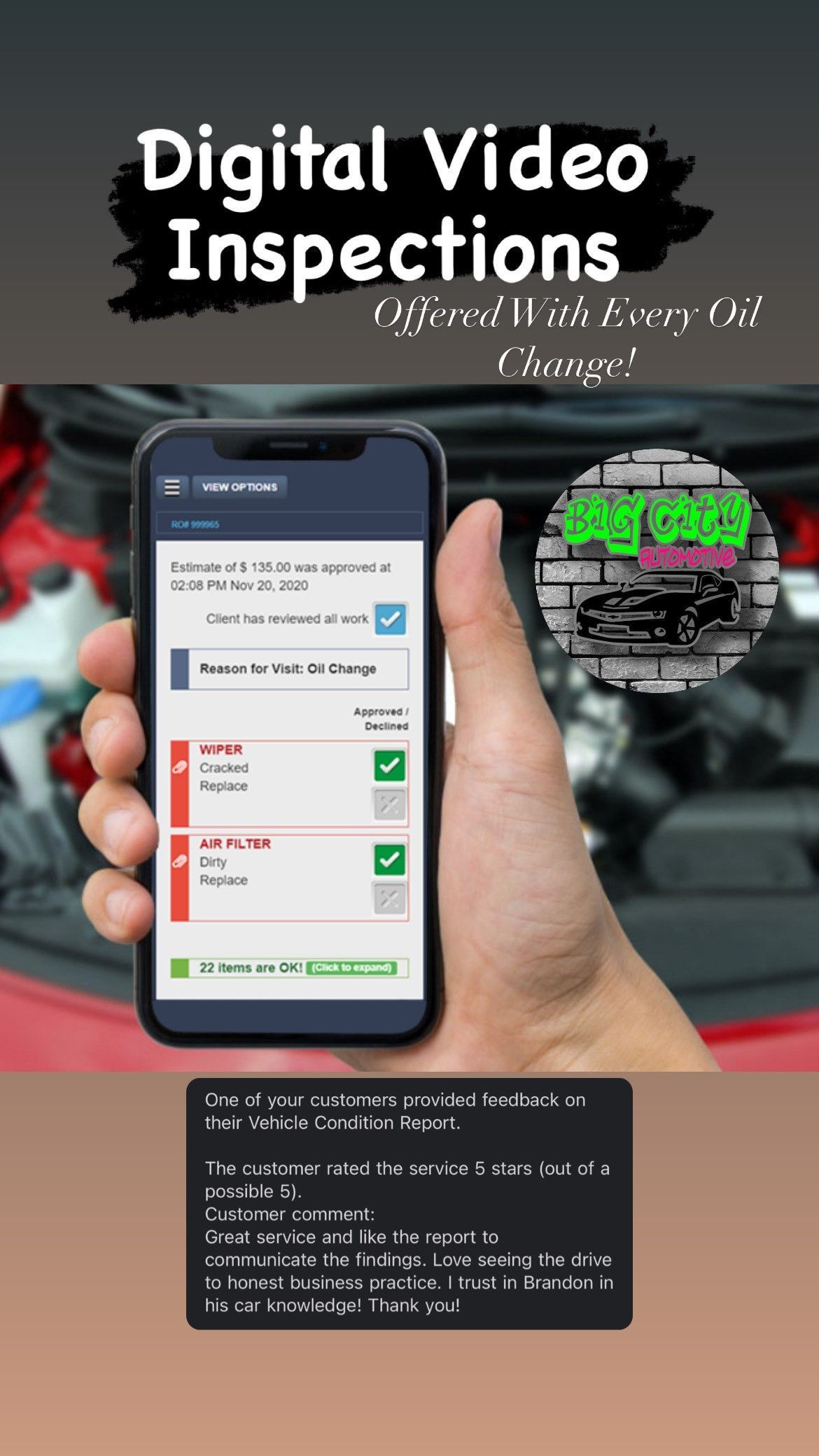Hand holding phone showing digital car inspection; engine bay in background.