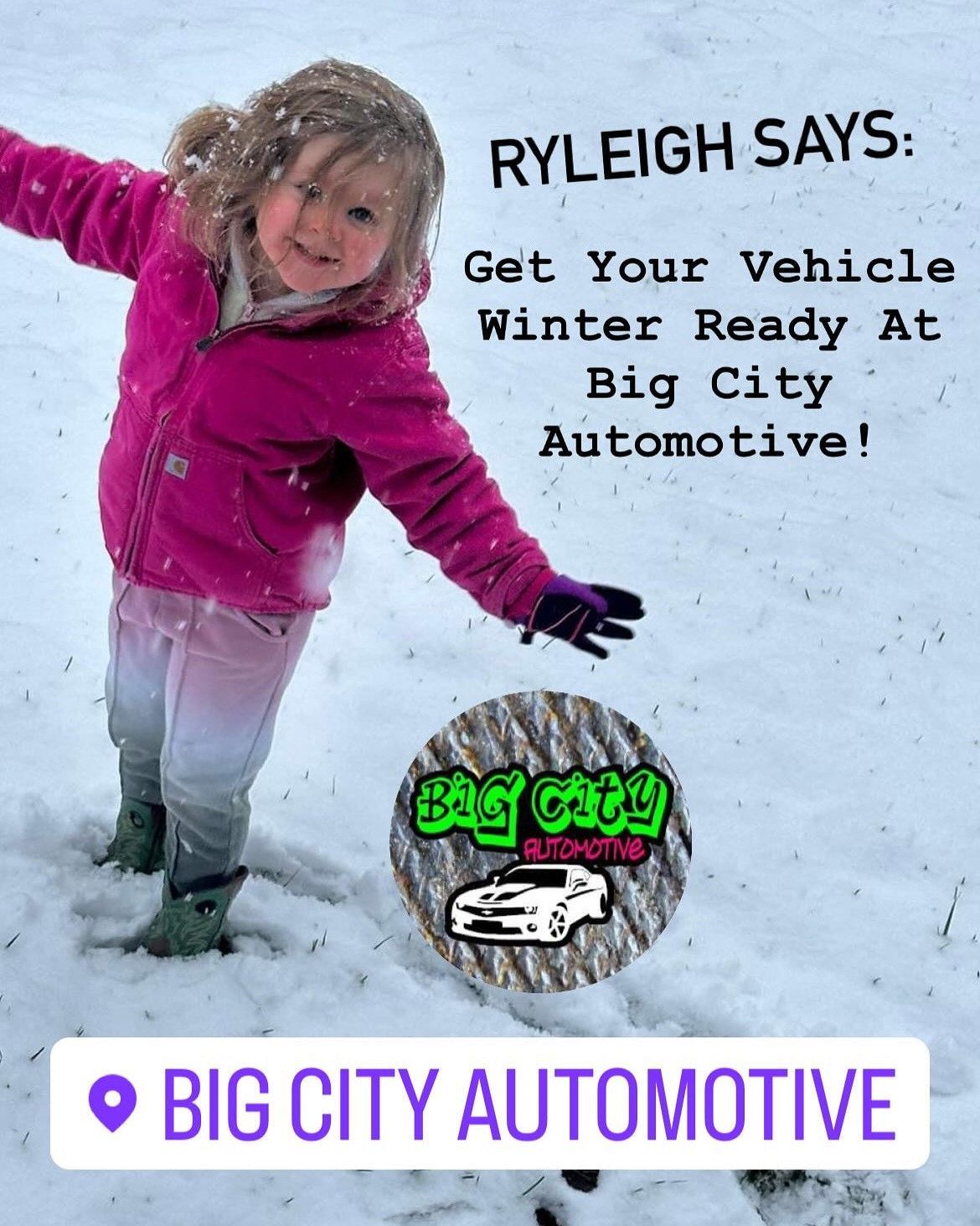 Young girl in pink jacket in snow, promoting Big City Automotive's winter readiness services.