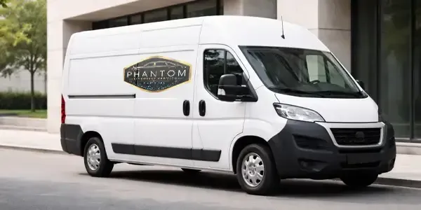 White van with black front bumper and logo on the side, parked outdoors.