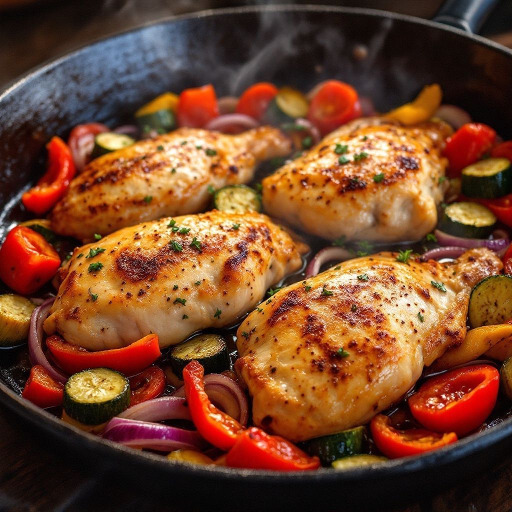 A pan filled with chicken and vegetables with steam coming out of it