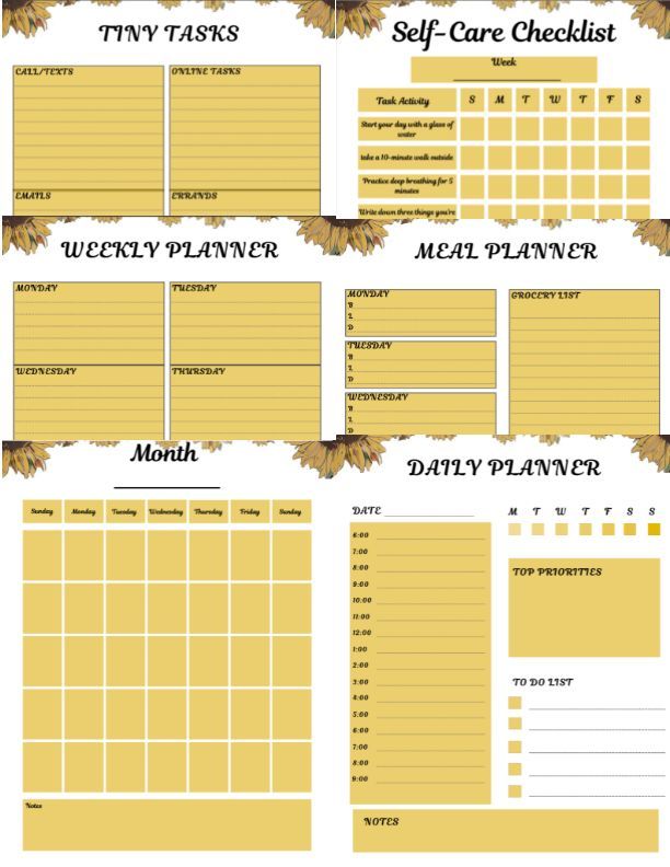 A weekly planner , daily planner , and self care checklist