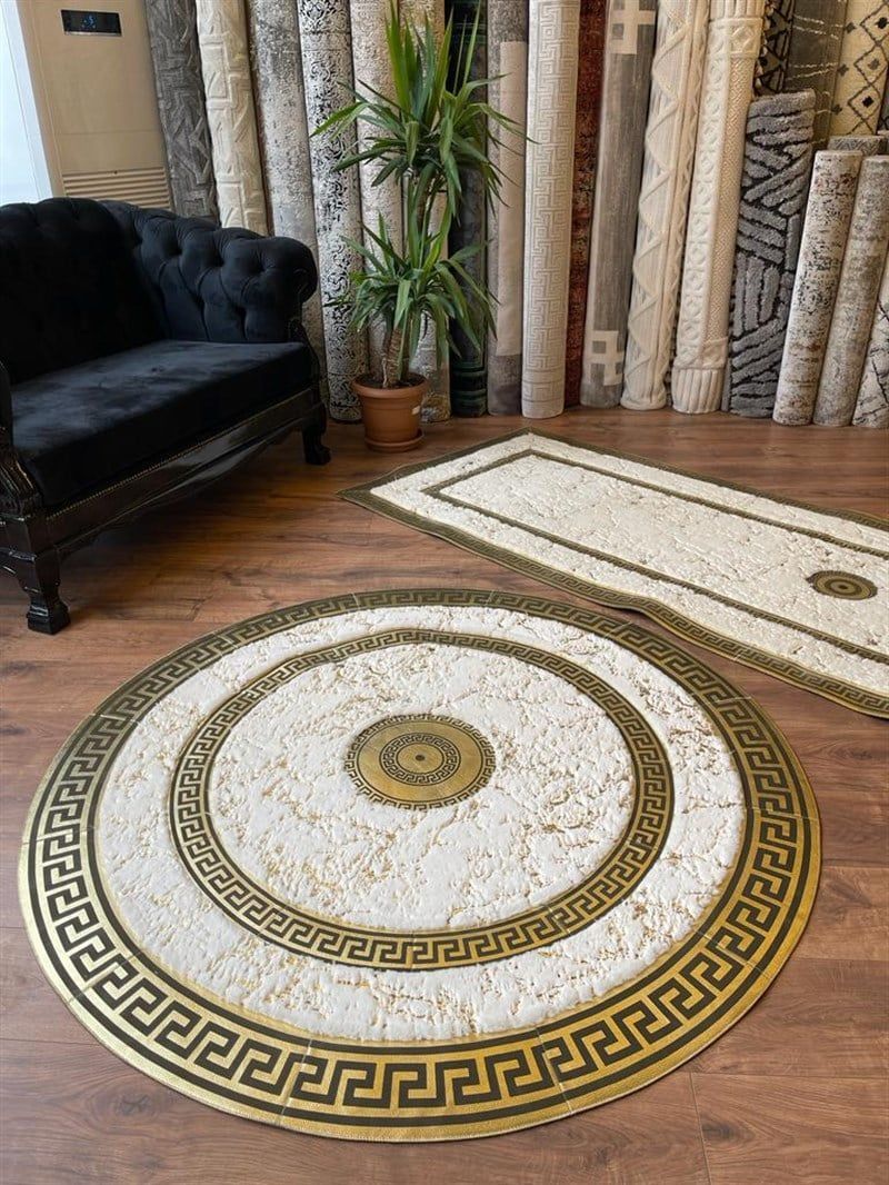 L006 artificail lazer-cream-gold versace leather- BADIIL HOMES