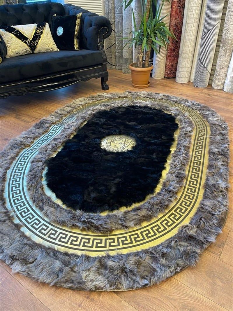 L003 oval black-grey vercase leather carpet - BADIIL HOMES