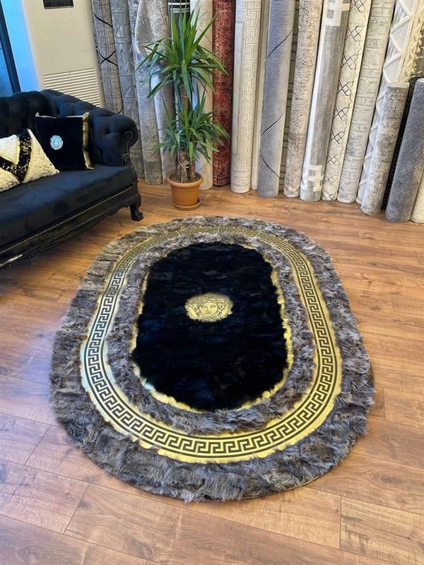 L003 oval black-grey vercase leather carpet - BADIIL HOMES