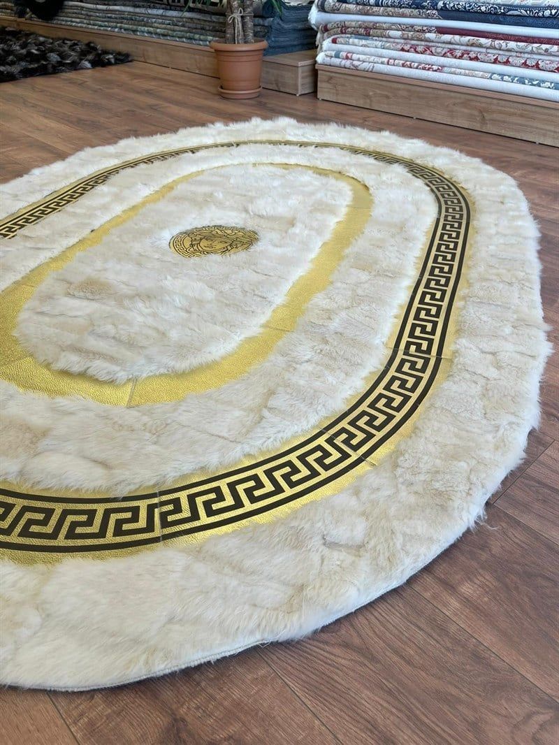L002 oval white vercase leather carpet - BADIIL HOMES