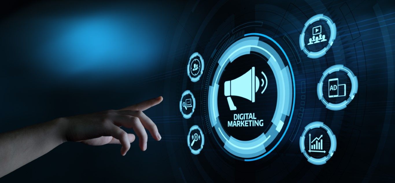 Hand touching a digital marketing interface with a megaphone icon.