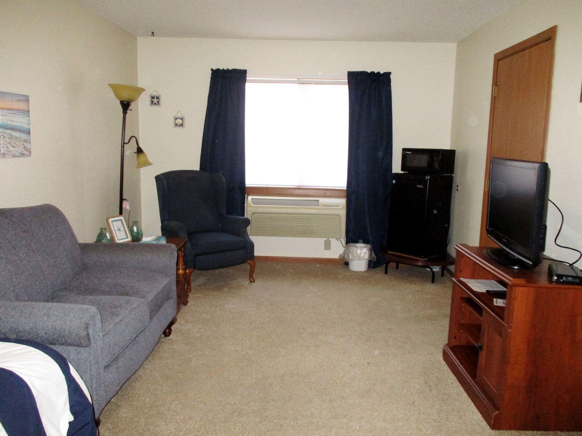 A living room with a couch a chair and a television