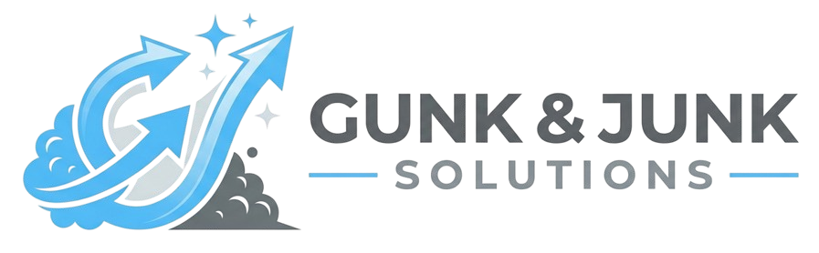 Gunk & Junk Solutions logo with a blue swoosh arrow and gray text on a white background