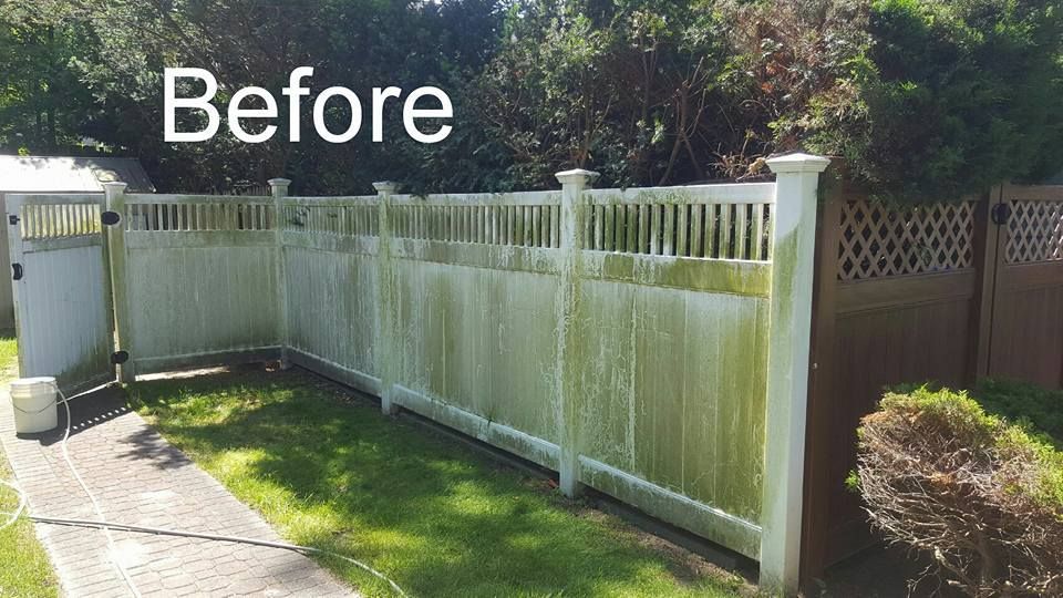 A before and after picture of a fence that is dirty and needs to be cleaned.